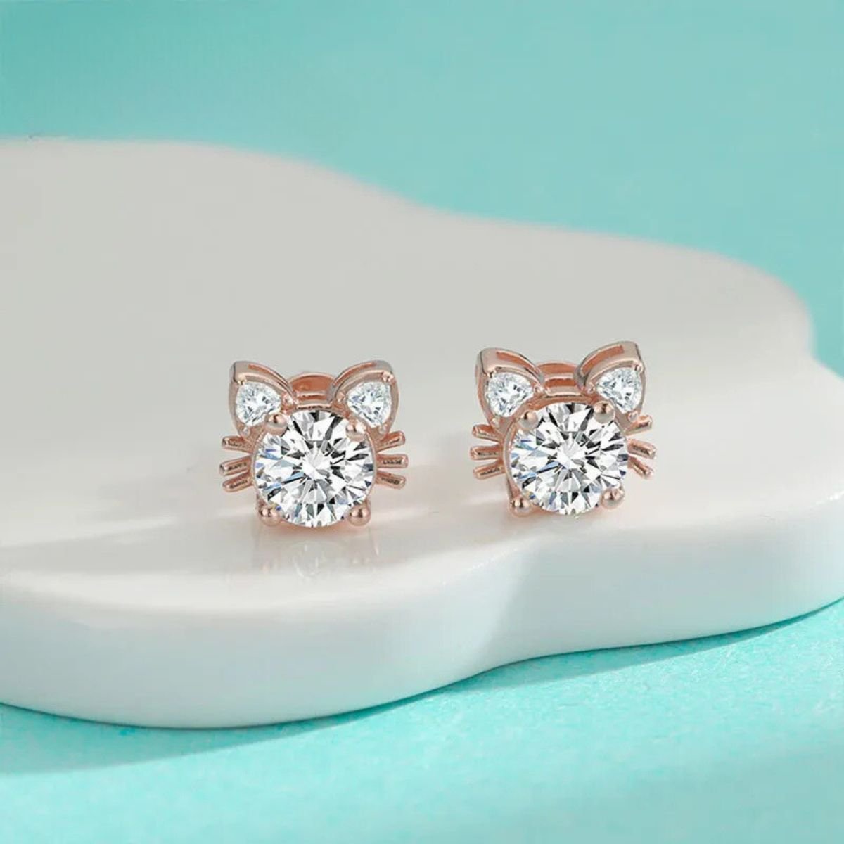 Unique Moissanite Earrings | Sterling Silver Studs | Rose Gold Cat Design 1