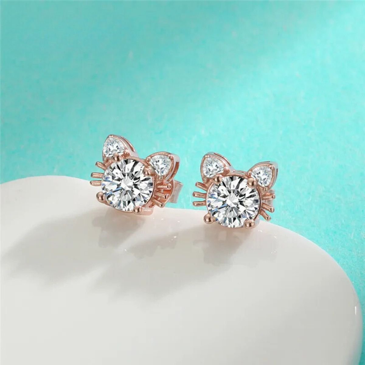 Unique Moissanite Earrings | Sterling Silver Studs | Rose Gold Cat Design 2