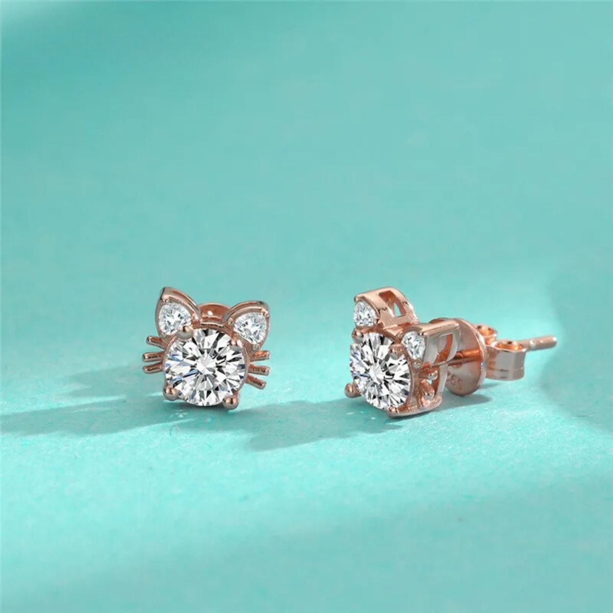 Unique Moissanite Earrings | Sterling Silver Studs | Rose Gold Cat Design 3