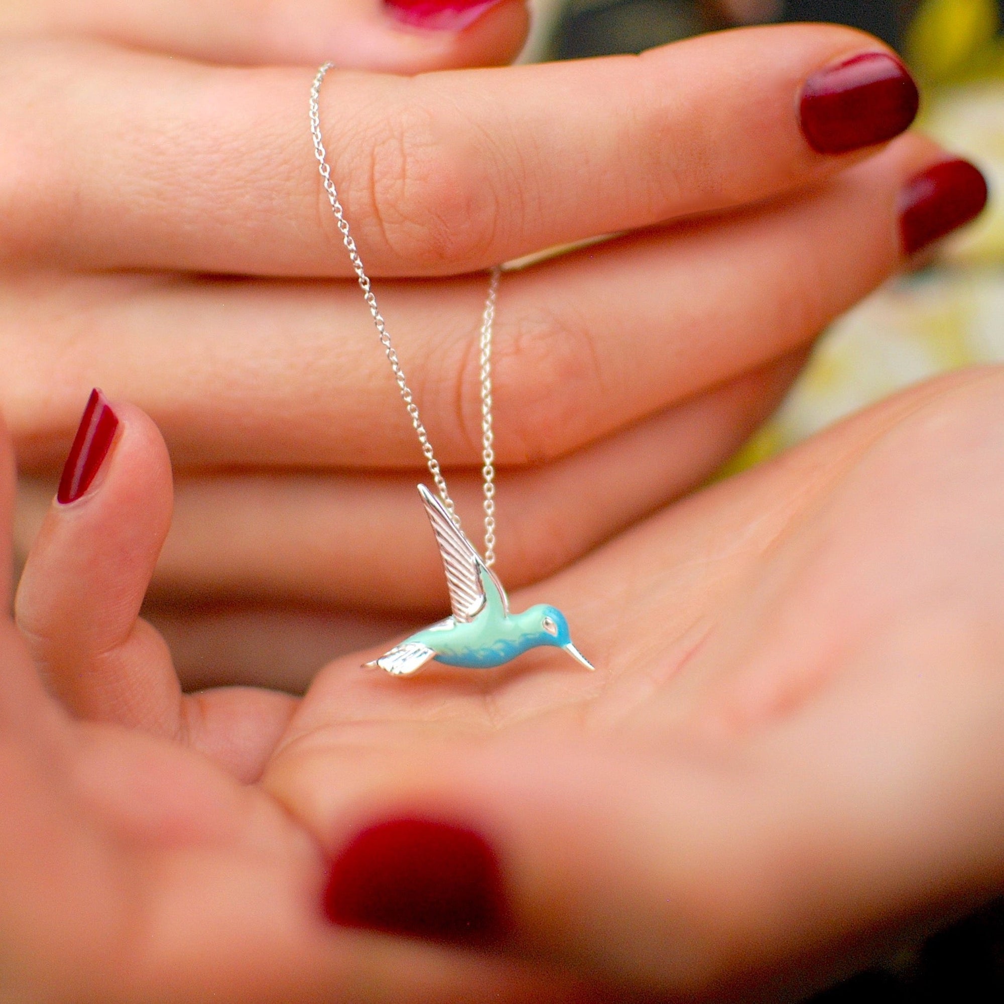 Unique women's Hummingbird Necklace | Sterling Silver Jewelry | Enamel Pendant | Artisan Crafted 1