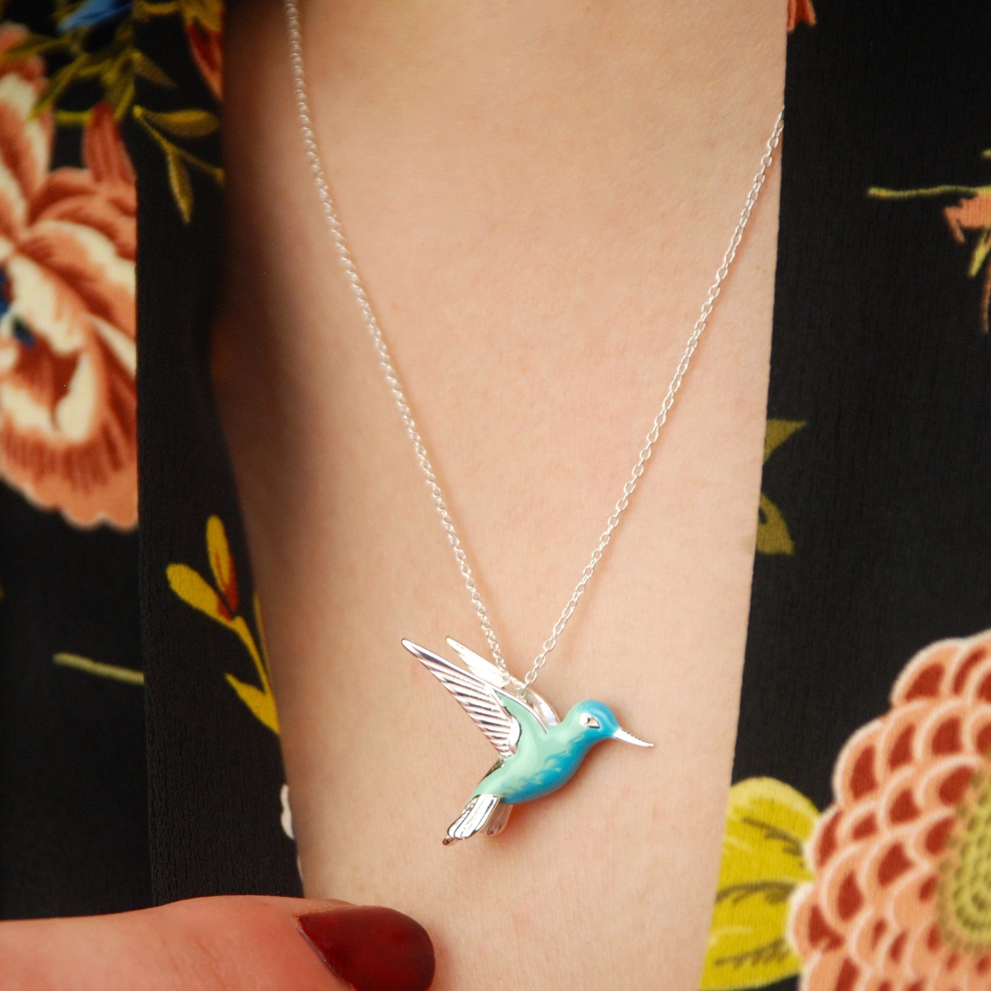 Unique women's Hummingbird Necklace | Sterling Silver Jewelry | Enamel Pendant | Artisan Crafted 2