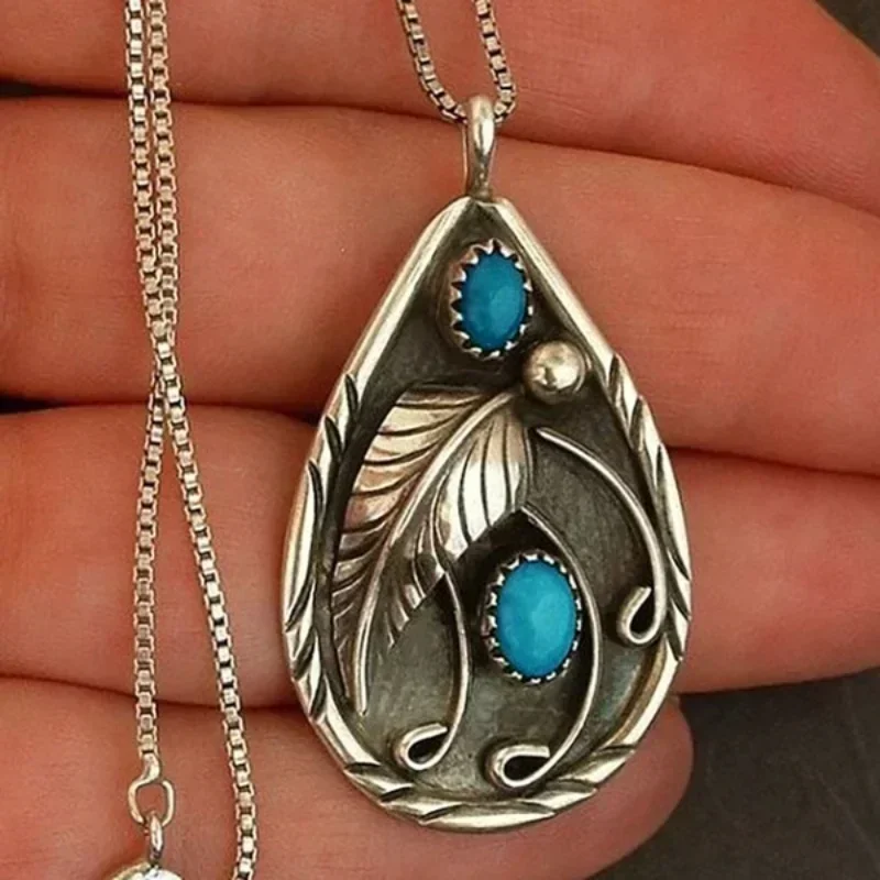 Vintage Blue Stone Drop Necklace | Silver 0