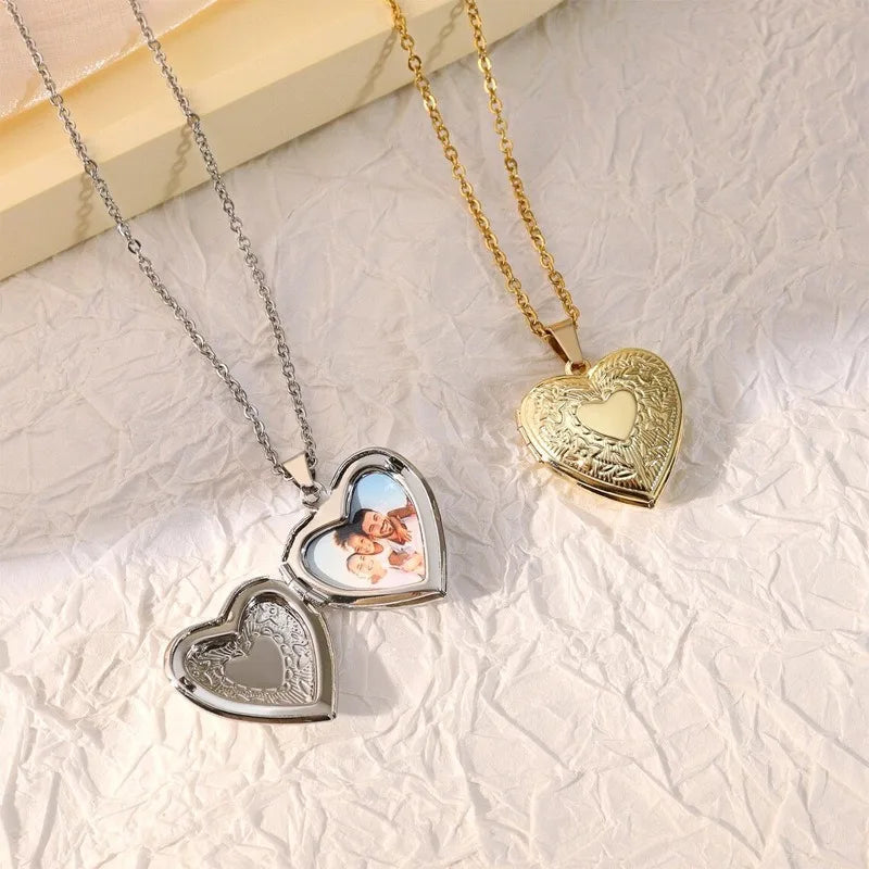 Vintage Heart Embossed Photo Locket Necklace | Silver 4