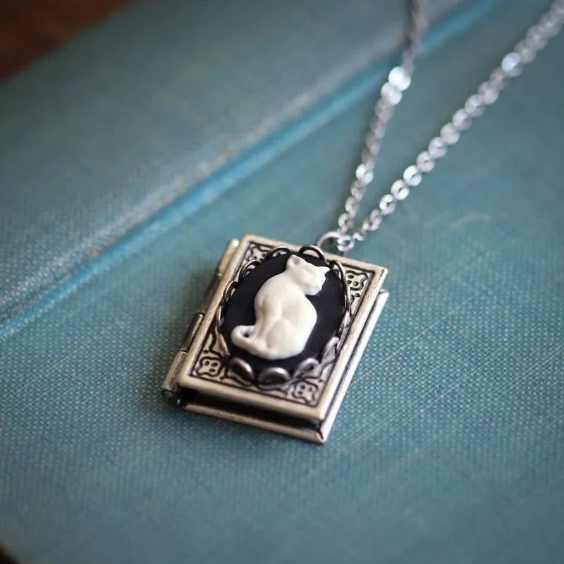 Whimsical Cat Book Pendant Necklace | Rotating Page Design | Vintage Jewelry | Unique Gift Idea 0