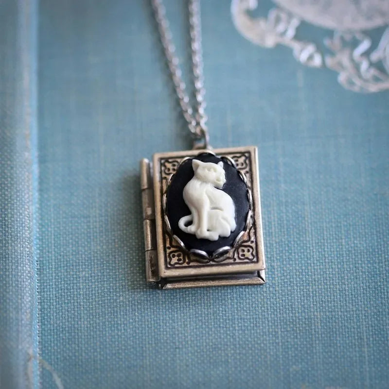 Whimsical Cat Book Pendant Necklace | Rotating Page Design | Vintage Jewelry | Unique Gift Idea 4