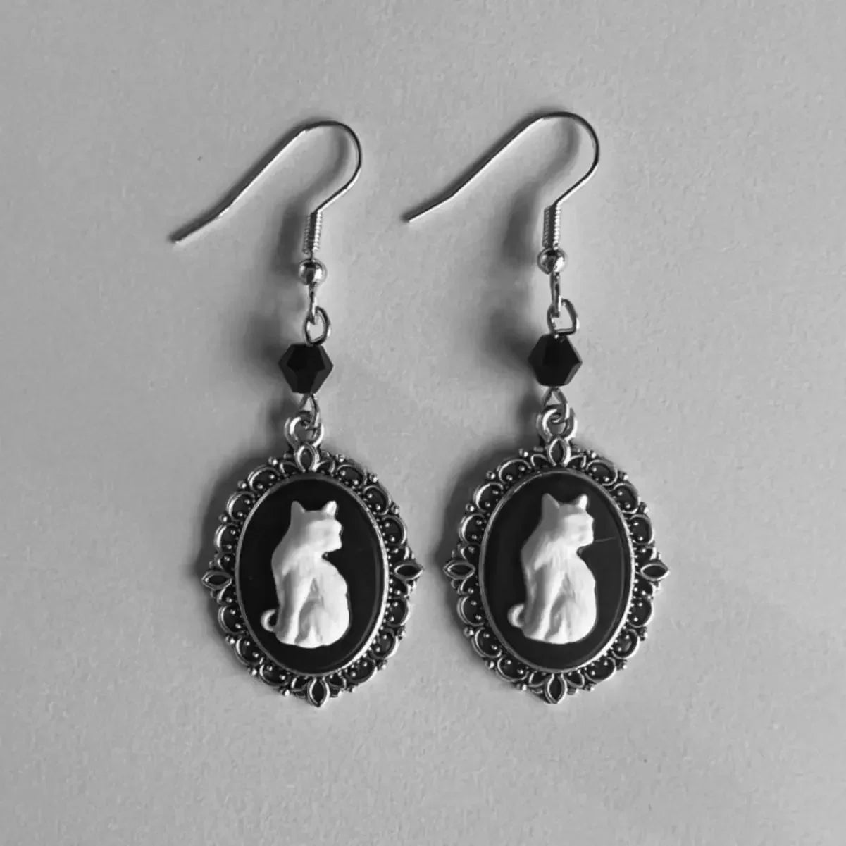 Whimsical Cat Lover | Vintage Cat Drop Earrings | Silver Frame Jewelry | Unique Accessories 0