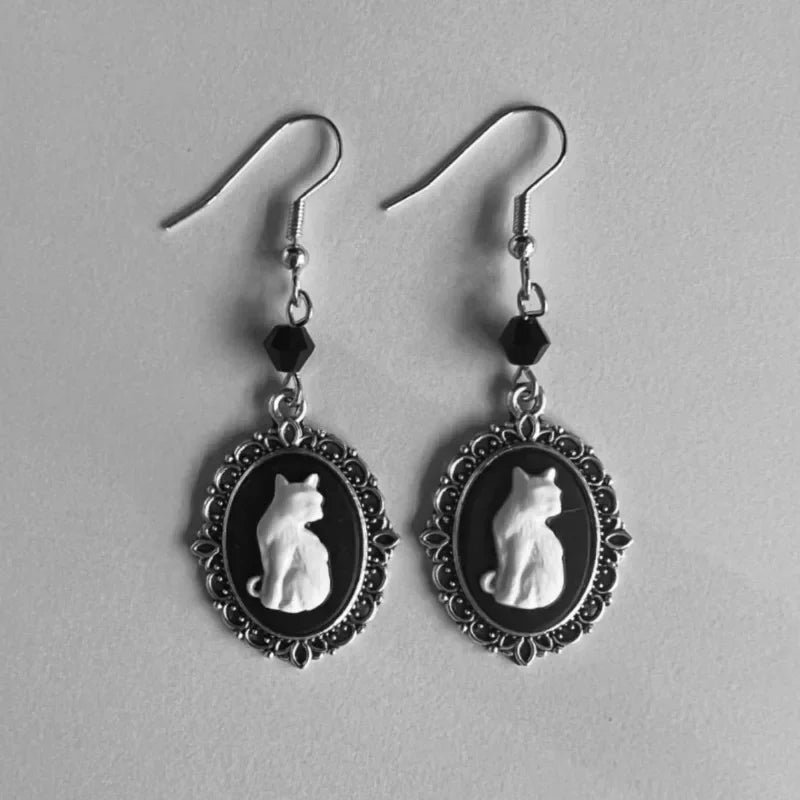 Whimsical Cat Lover | Vintage Cat Drop Earrings | Silver Frame Jewelry | Unique Accessories 1