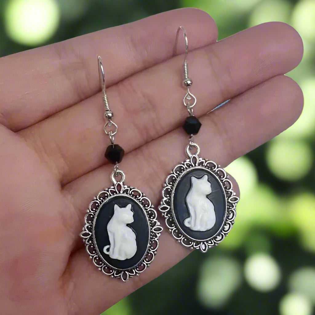 Whimsical Cat Lover | Vintage Cat Drop Earrings | Silver Frame Jewelry | Unique Accessories 2