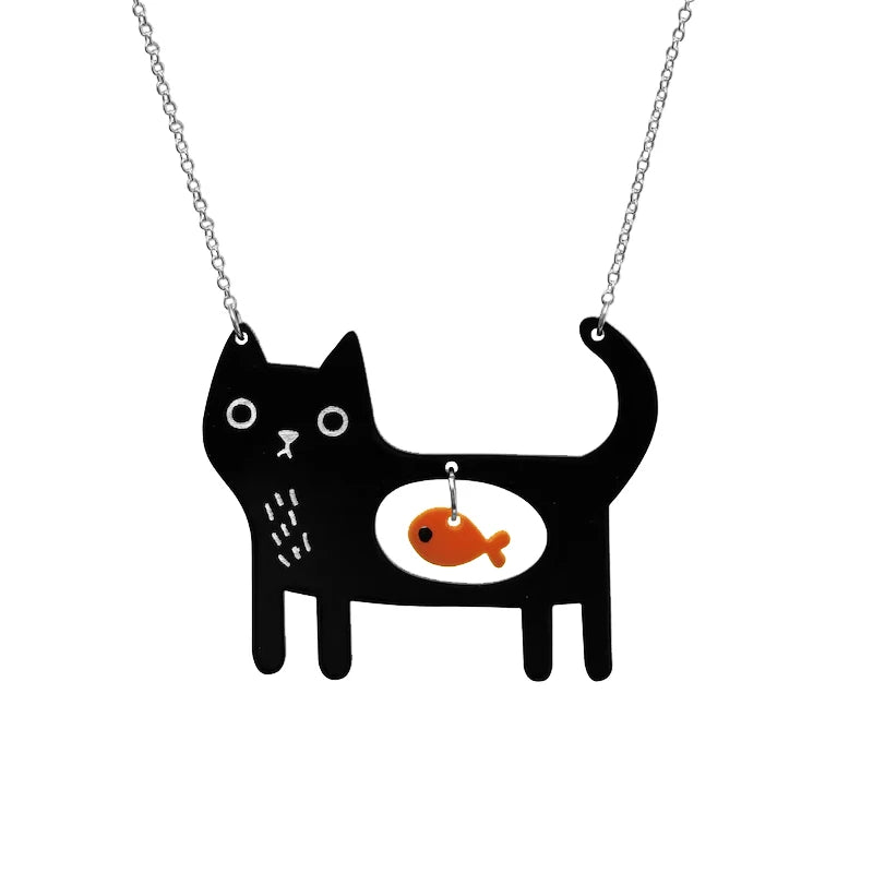 Whimsical Cat & Fish Pendant Necklace | Acrylic 0