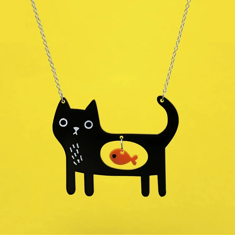 Whimsical Cat & Fish Pendant Necklace | Acrylic 1