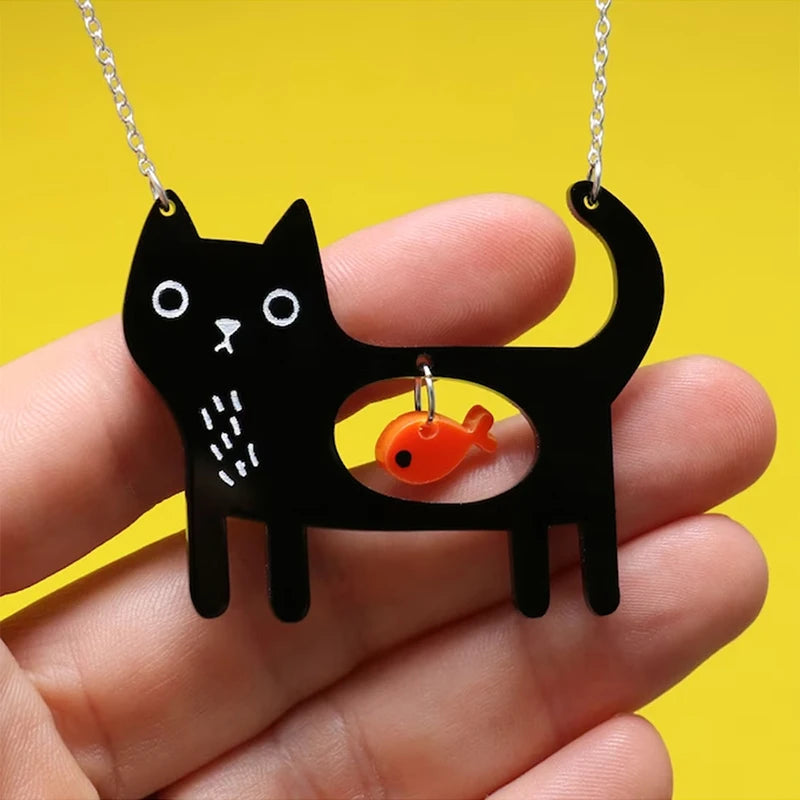 Whimsical Cat & Fish Pendant Necklace | Acrylic 2