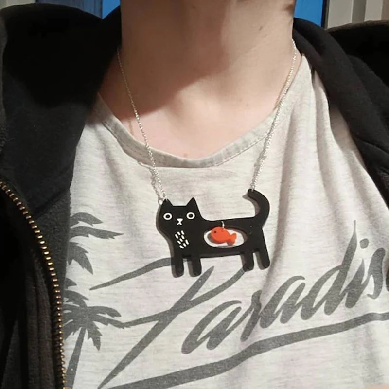 Whimsical Cat & Fish Pendant Necklace | Acrylic 3