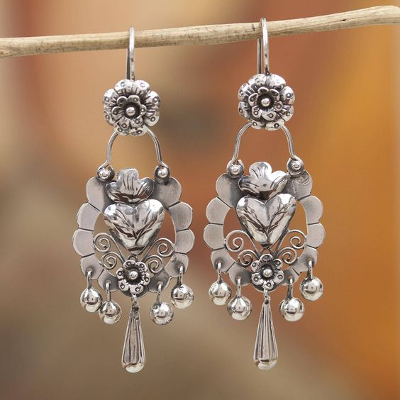 Women's Vintage Heart Flower Earrings | Silver Earrings | Dangling Earrings | Handmade Jewelry 0
